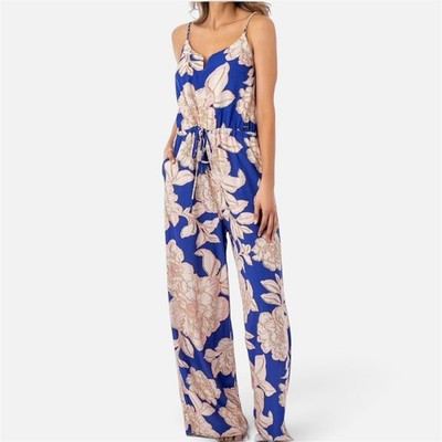 Maaji Blue Bouquet Arielle Floral Drawstring Wide Leg Jumpsuit Beach Coverup M