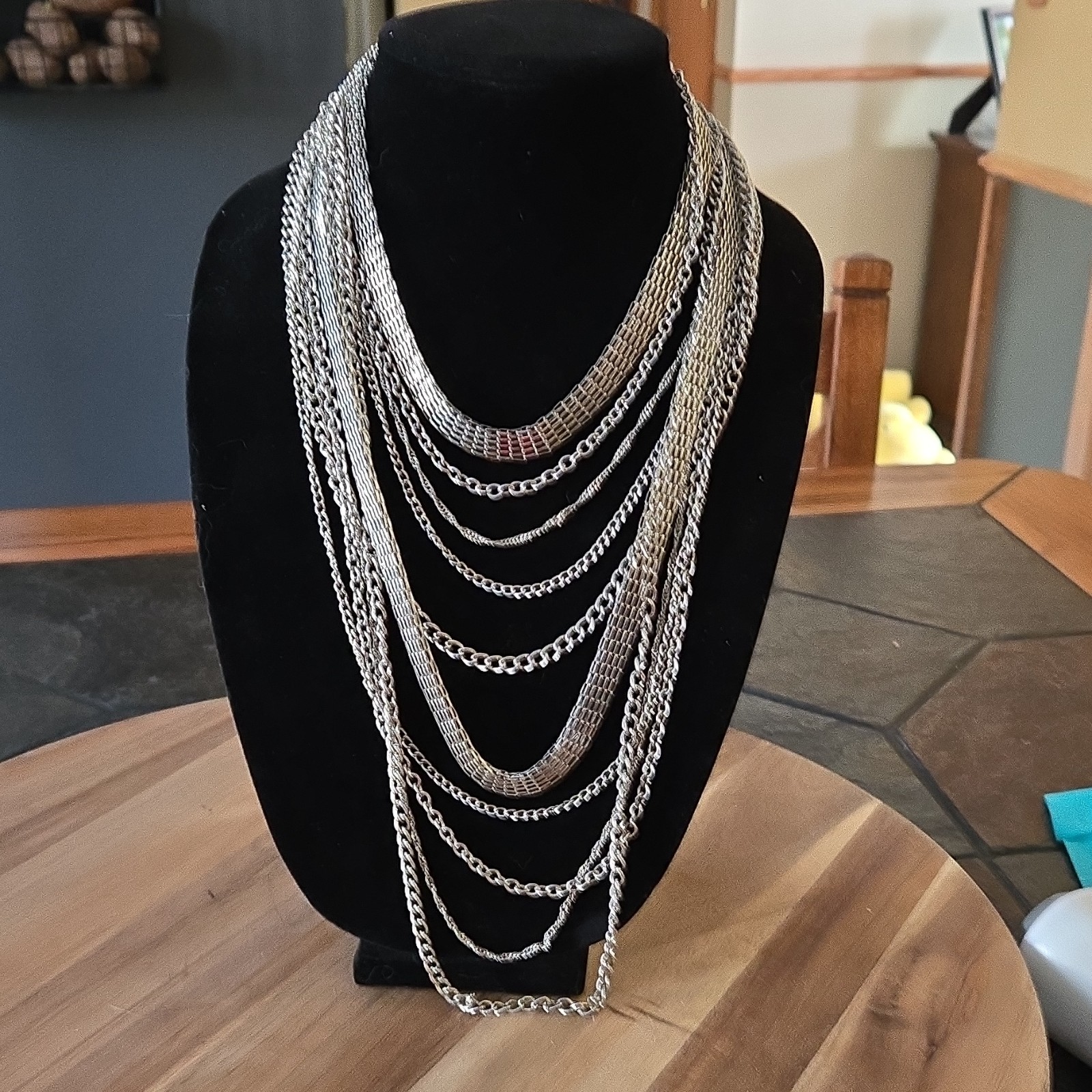 Layered Silver Tone Chain Necklace Adjustable Lobster Closure Fashion Jewelry