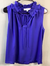 Loft Women’s Sleeveless Top Bright Blue Rayon Size M Ruffle Collar Professional