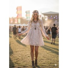 American Eagle Babydoll Ditsy Floral Ruffle Mini Dress M Cream Boho Festival