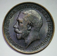 1911 George V FARTHING, Bare Head Bronze Coin - aUNC about Uncirculated