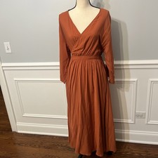 Uniqlo Burnt Orange Wrap Maxi Dress Long Sleeve Light Weight V Neck Size M