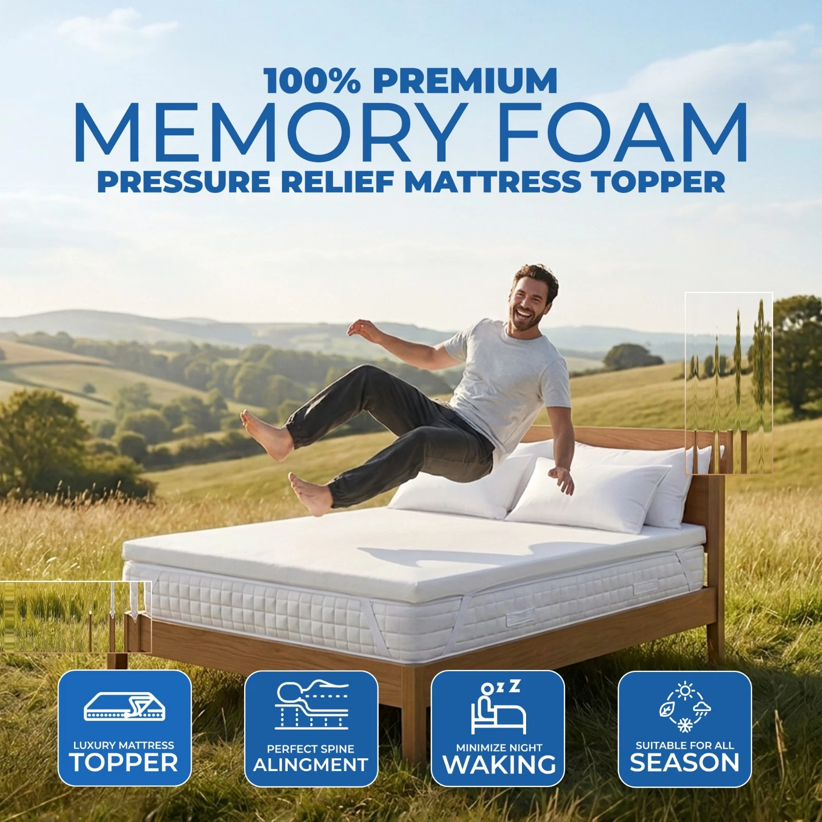 Luxury Memory Foam Mattress Topper – All Sizes – 1” 2” 3” 4” Depth Options
