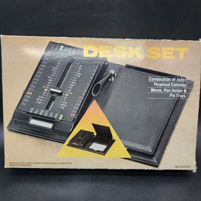 VTG Desk Set Pen Holder Index Perpetual Calendar Memo Trays Black Plastic NOS