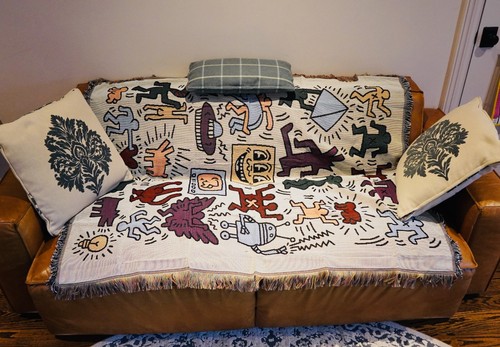 Keith Haring Graffiti GEWEBTE FRANSEN DECKE ÜBERWURF BAUMWOLLE & GEWEBTER GOBELIN - Bild 6 von 6