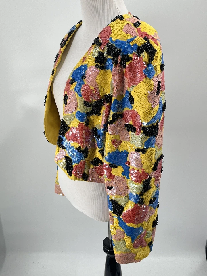 Jaqueta cropped bolero colorida floral com lantejoulas de seda vintage encolher glam rock - Imagem 4 de 4