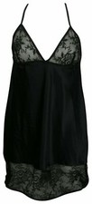 black sexy satin silky nightie full slip chemise nightwear nightdress lace