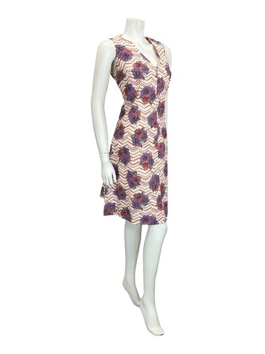 VTG 60S 70S WHITE PINK PURPLE ORANGE CHEVRON FLORAL PLUNGING V NECK DRESS 16 - Picture 5 of 10