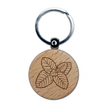 Mint Herb Plant Engraved Wood Round Keychain Tag Charm
