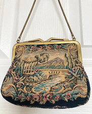 VINTAGE SM TAPESTRY PURSE BAG SCENIC LANDSCAPE DESIGN Western Germany GOLD FRAME