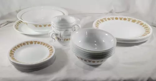 Corelle Butterfly Gold Floral Dinnerware 27 Piece 6 Setting + Serving Dishes
