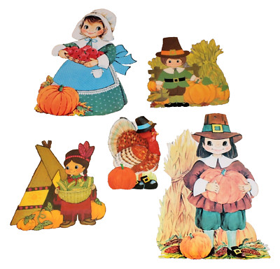 5 VTG Eureka Ambassador Thanksgiving Die Cut Outs Pilgrim Indian Children Turkey