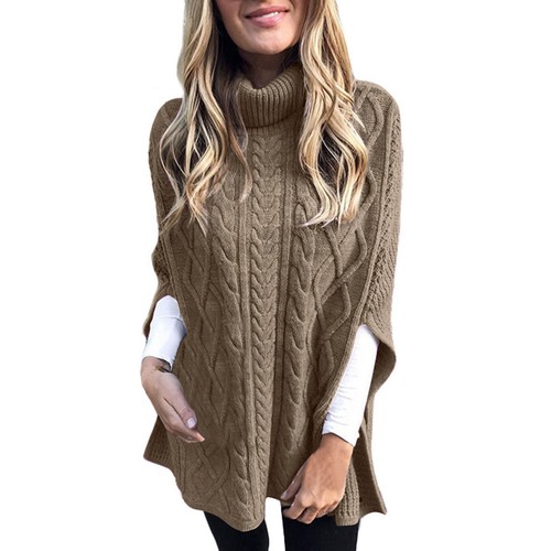 Damen Herbst Winter Rollkragen Poncho Pullover Grobstrick Cape Wickelpullover Oberteil - Bild 9 von 72