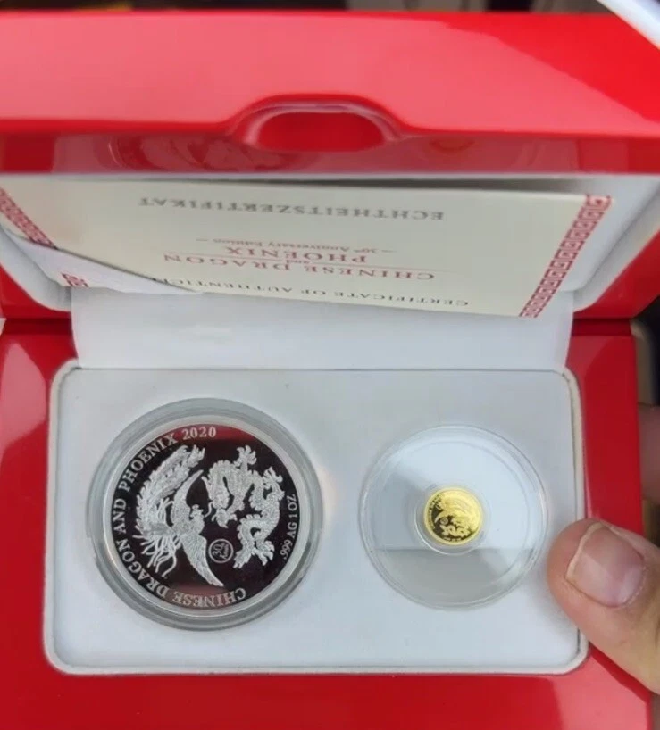 China Phoenix Dragon Great Wall 2020 1 gramo de oro + 1 oz de plata + certificado de autenticidad Foto 4 de 4