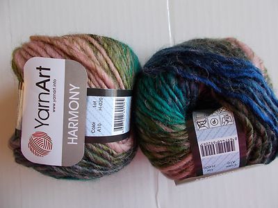 YarnArt Harmony wool blend roving yarn, Multi A10, lot of 2, (87 yds each)