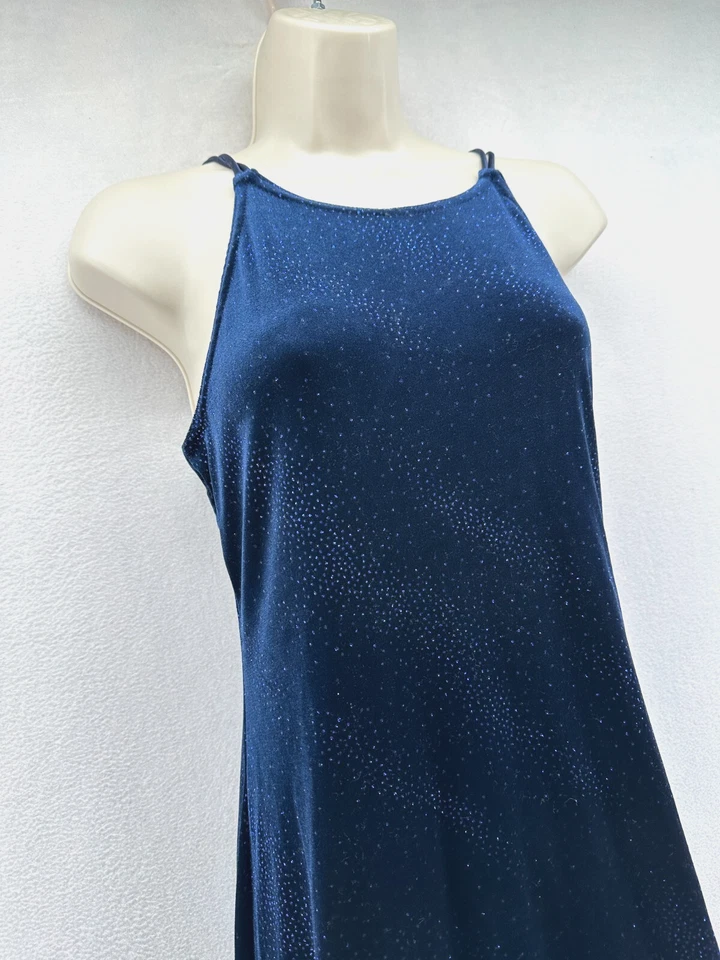 Y2K Formal Dress Size M Velvet Navy Blue Sparkle Slinky Low Back Strappy Cutout - Image 3 of 4