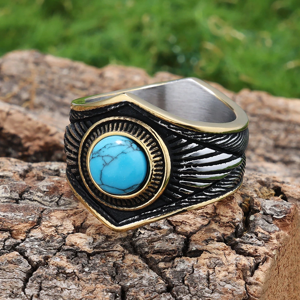 Anillo Irregular Para Hombre Bandas Acero Inoxidable Vintage Azul Turquesa Ajuste Cómodo Foto 3 de 4