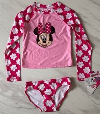 NWT Disney Junior Minnie Mouse Pink Flower Swim Suit 2 Piece 14 Years Old SPF 50