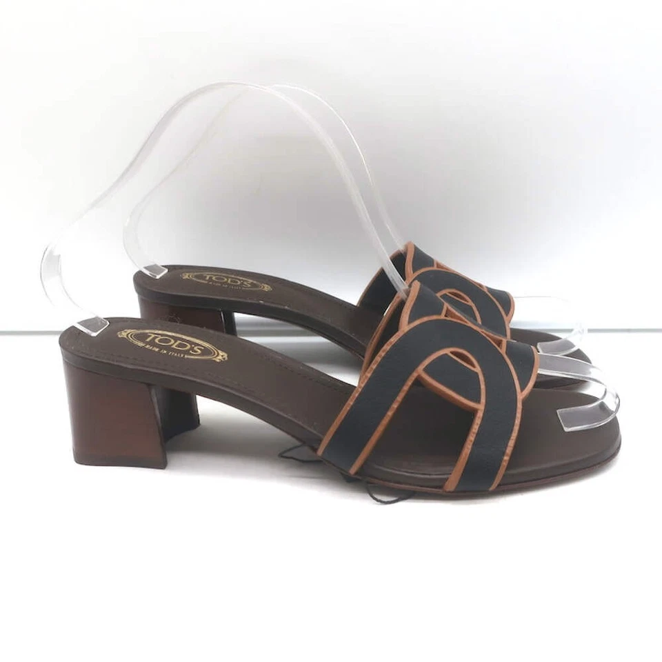 Sandalias Tod's Kate Tacón Bajo Cuero Negro Talla 38 Punta Abierta Mules NUEVAS Foto 2 de 4