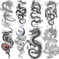 8 Sheets Cool Dragon Temporary Tattoos for Men Women Adults, Black Realistic Dra