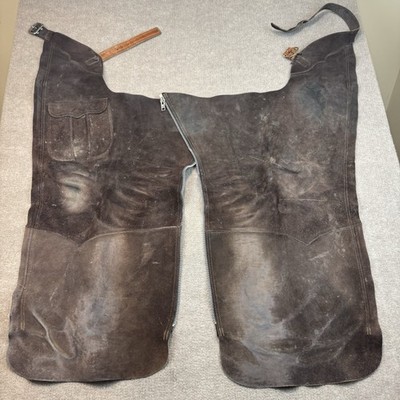 Vintage USA Leather Shotgun Chaps Brown Roughout Suede Cowboy Rodeo Riding 30x30