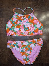 Girls Kids Art Class 2 Piece Bathing Suit Floral Red Pink Sz Large 10/12