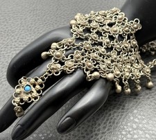 Vintage Silver Tone Ornate Morrocan Bells Slave Bracelet Ring Ethnic Boho Mesh