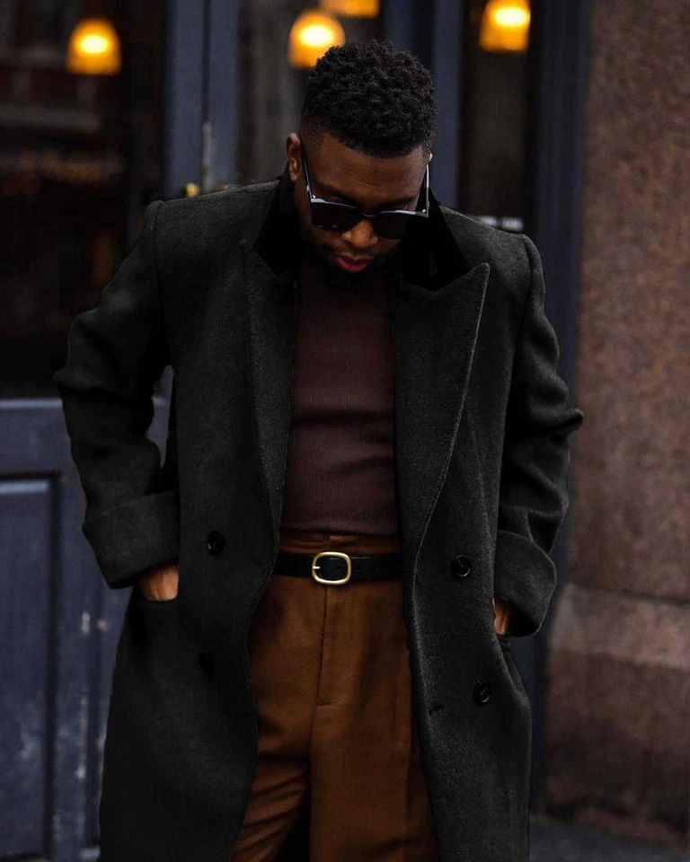 Hombres Abrigos Extra Largo Mezcla Lana Abrigo Invierno Negocios Prendas exteriores Doble Pecho Foto 3 de 4