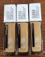3 NEW&SEALED MAYBELLINE SUPERSTAY ACTIVE WEAR FOUNDATION,#332 GOLDEN CARAMEL 1oz