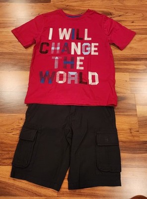 Size 7 Kids Outfit Red Shirt With Cat And Jack Black Shorts Pre-Owned Great Cond