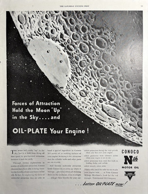 1946 Conoco Motor Oil Engine Plate Moon Sky Nth Protection Added VTG Print Ad