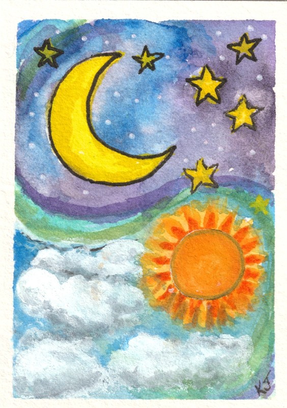 ACEO Original Moon and Sun Celestial Stars Watercolor Painting by K Jackson