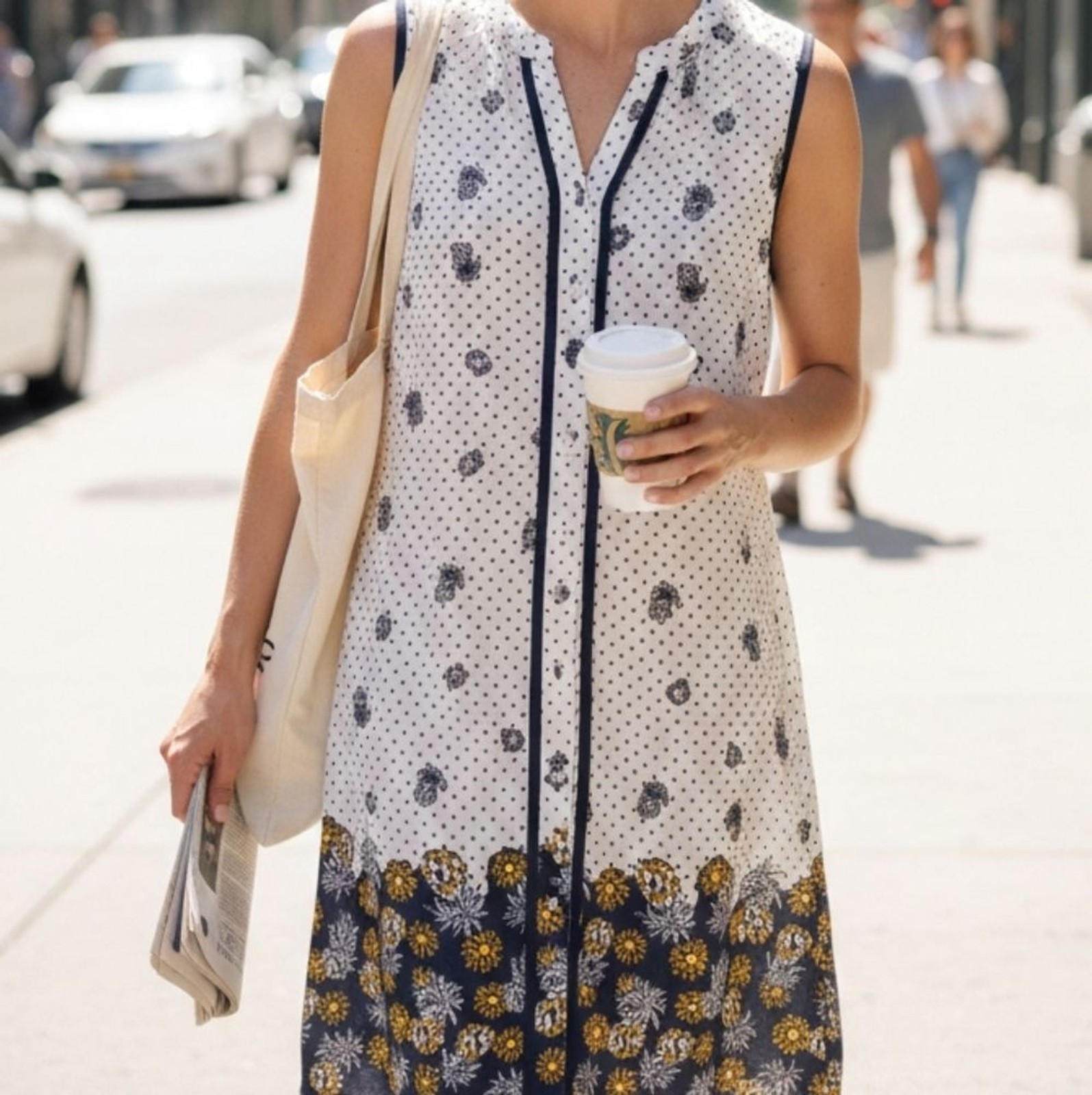 NAÏF Sleeveless Pineapple Shift Dress - Navy & White Polka Dot