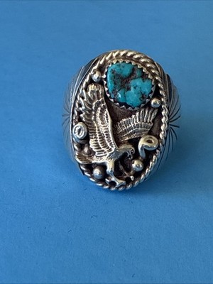 Navajo Running Bear Sterling Silver Turquoise Eagle Mens Ring Size 11 1/4