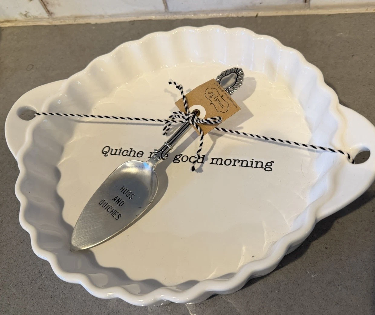 Mud Pie Quiche Set Baking Dish & Silver Server "Quiche Me Good Morning" NEW