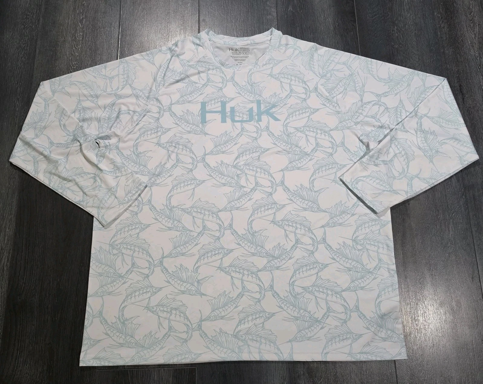 Huk Performance Fishing Shirt Men 2XL White Blue Marlin AOP Print Stretch LS