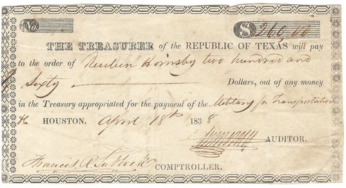 Republic Of Texas Check Involved Pioneers, Confederate, War Of 1812 Captain