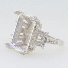 925 Sterling Silver 3 Stone 16x12mm Emerald Cut Semi Mount Women Ring Pav  Ring