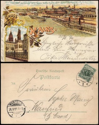 Postcard litho postcard Mainz 2 picture steamer, Gutenberg monument 1898