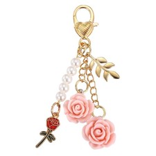 Flower Charm Keychain Purple Rose Pendant Keychains Tassel Pearl Chain Keyring