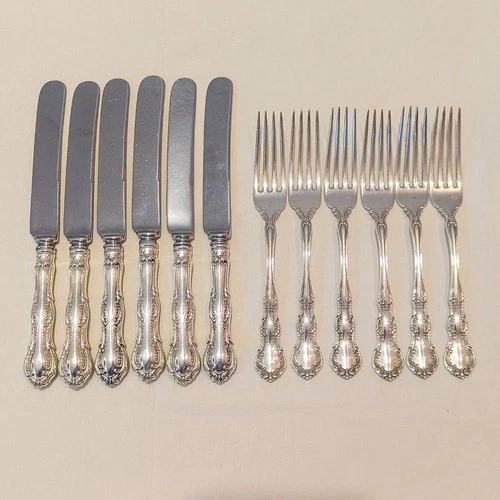 Antique Sterling Silver 12 Pc (Service For 6) Fork & Knife Set c. 1899