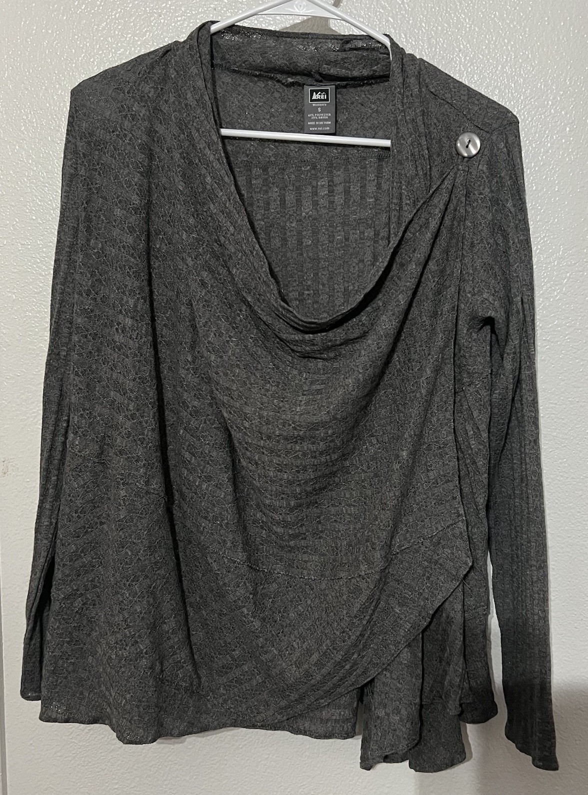 REI Women's Long Sleeve Wrap Drape Front Lightweight Gray Ribbed Knit Sweater S