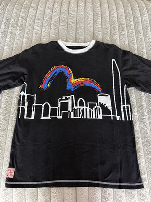 Evisu 2XL Big Logo Black City Skyline Color Pop Graphic T-Shirt Custom Made 90s