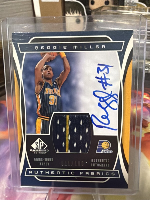 2004 sp game used authentic fabrics auto Reggie Miller /100 On Card Sick Rare