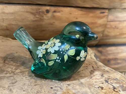 Vintage Fenton Green Hand Painted Glass Bird Signed !  Gorgeous!