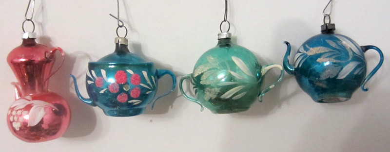 4 Vintage 1950's German Coffee Teapot Mercury Glass Painted Christmas Ornaments