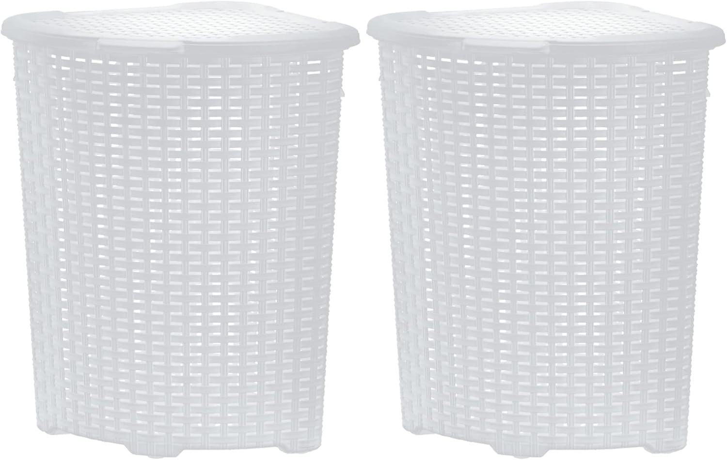 Stylish 2-Pack Plastic Corner Laundry Hampers with Lid, 50L Wicker Design