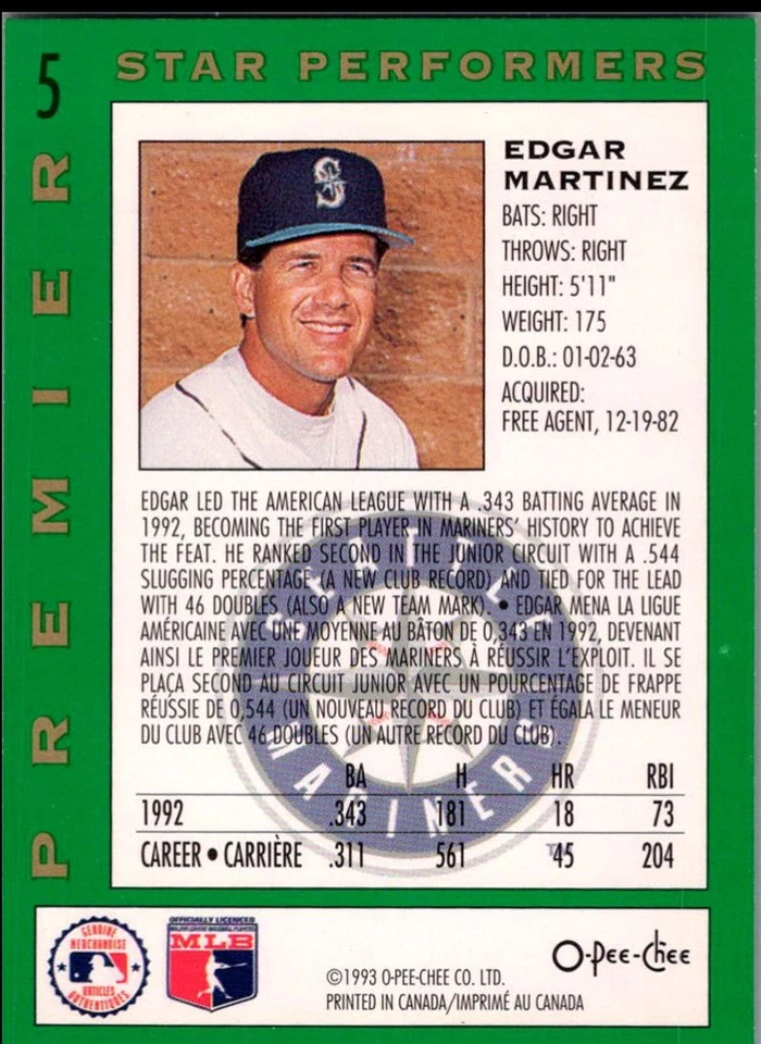 1993 O-Pee-Chee Edgar Martinez Seattle Mariners #5 - Image 2 of 2