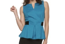  ELLE Women’s Pleated Peplum Top Enamel Blue Size XL 