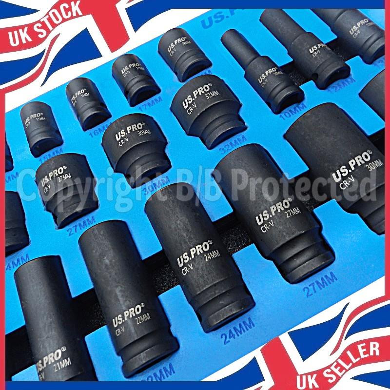 USPRO 35PC IMPACT SOCKET SET 6PT CR-V DEEP AND SHALLOW HEX LONG SHORT 1/2"" DRIVE